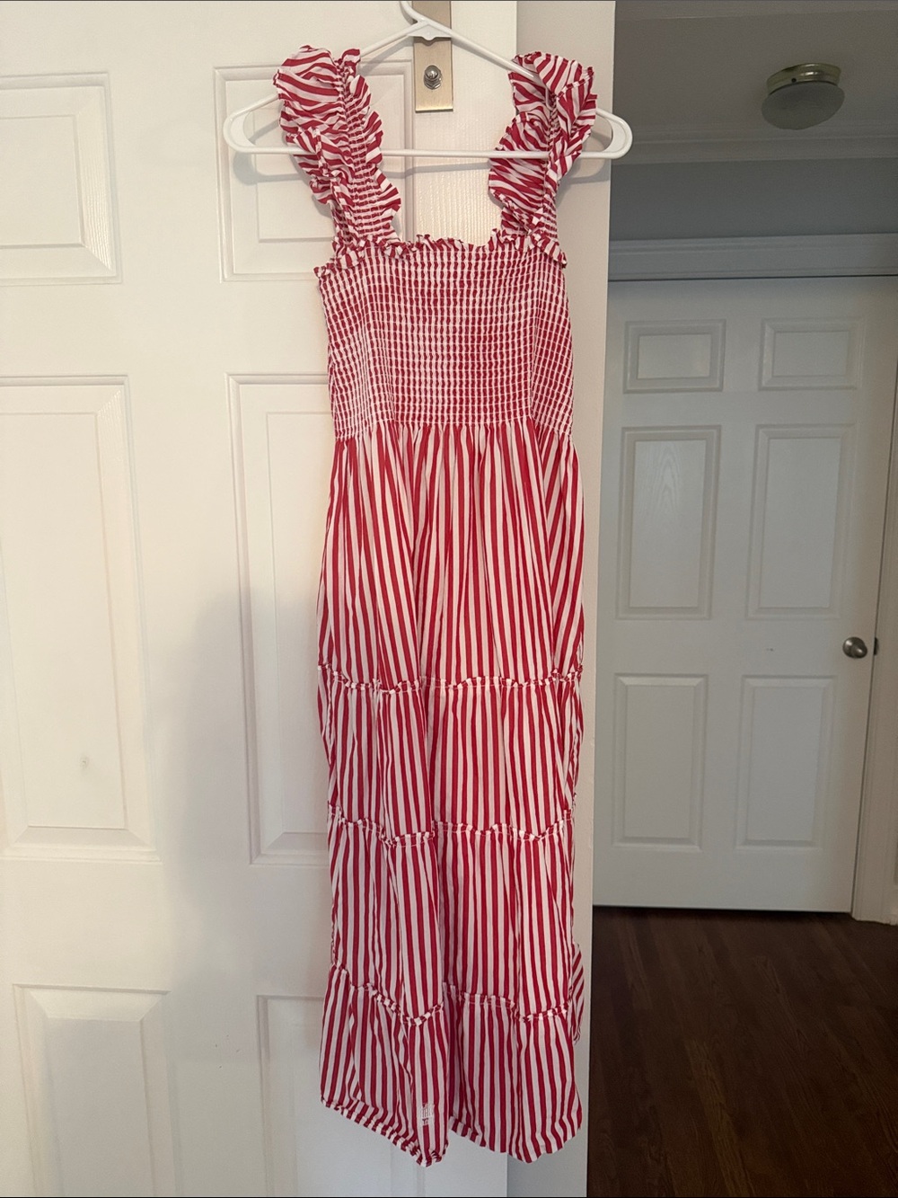 Hill House Red and White Striped Tiered Midi Dress with Ruffle Straps